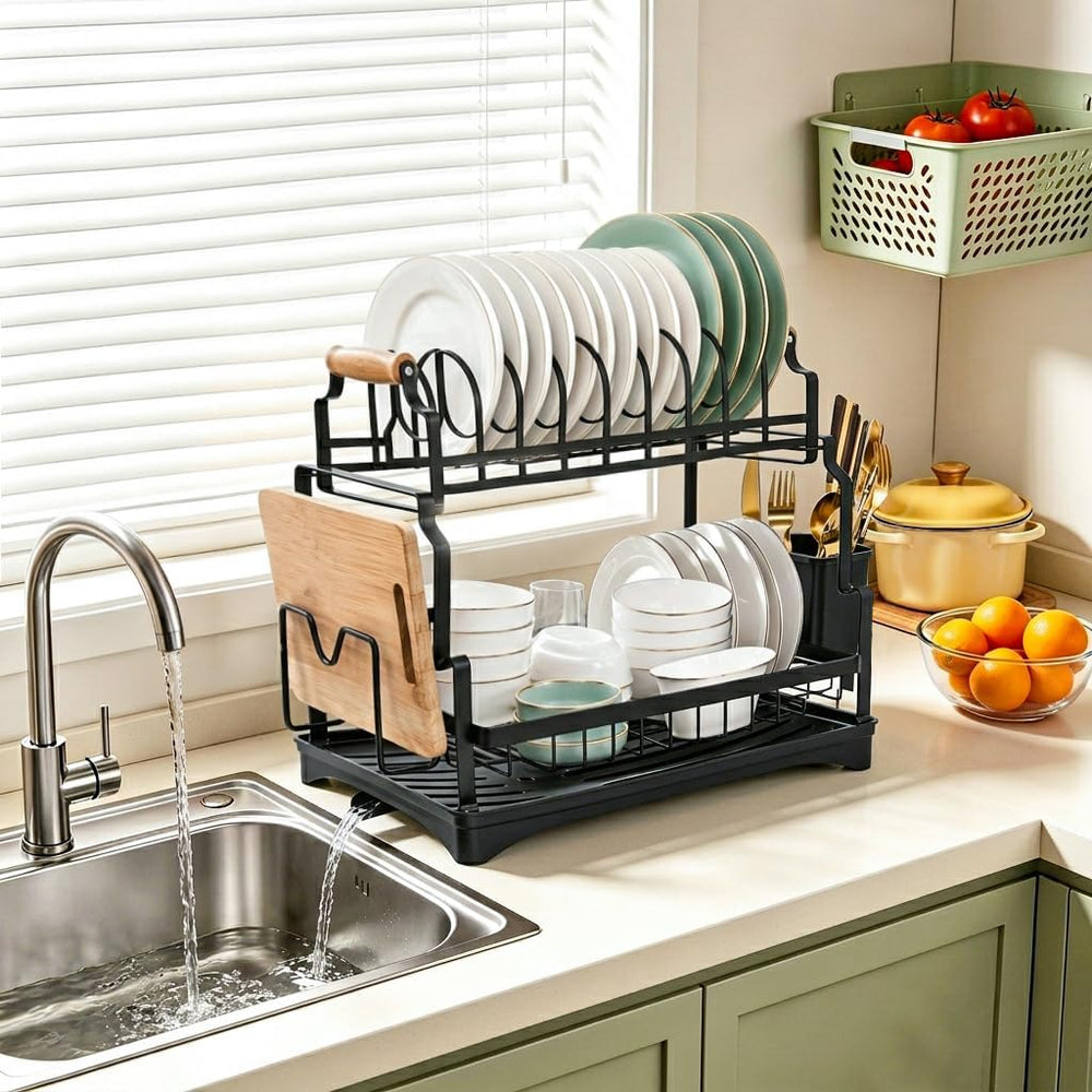 Briful 2 Tier Dish Drying Rack with Drainboard for Kitchen Counter, Black