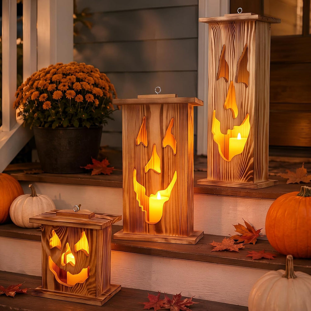 Woanger 3 Pcs Halloween Wooden Lantern Set Spooky Jack O Lantern Decor