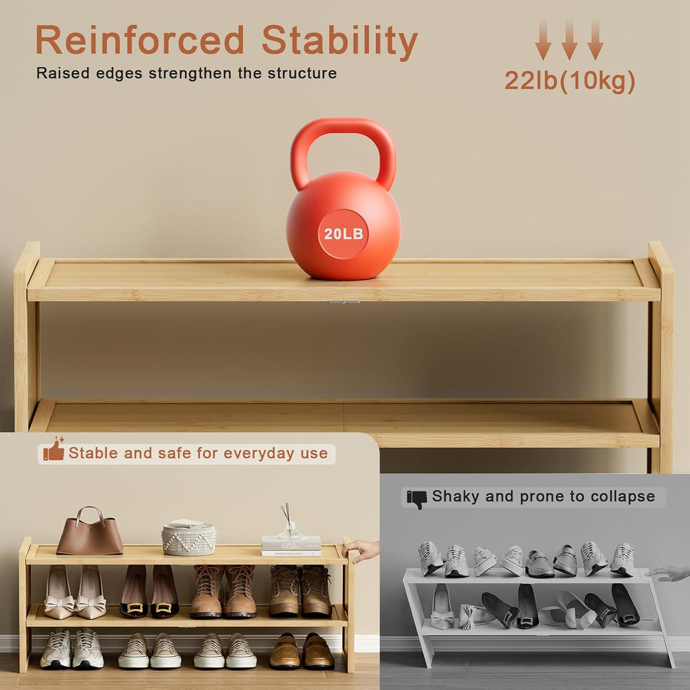 Bamboo Shoe Rack for Closet, Wood Shoe Organizer Shelf for Entryway, 2 Tiers,...