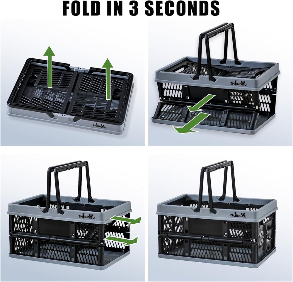 20L Plastic Basket with handles,2-pack Black Collapsible crates for storage