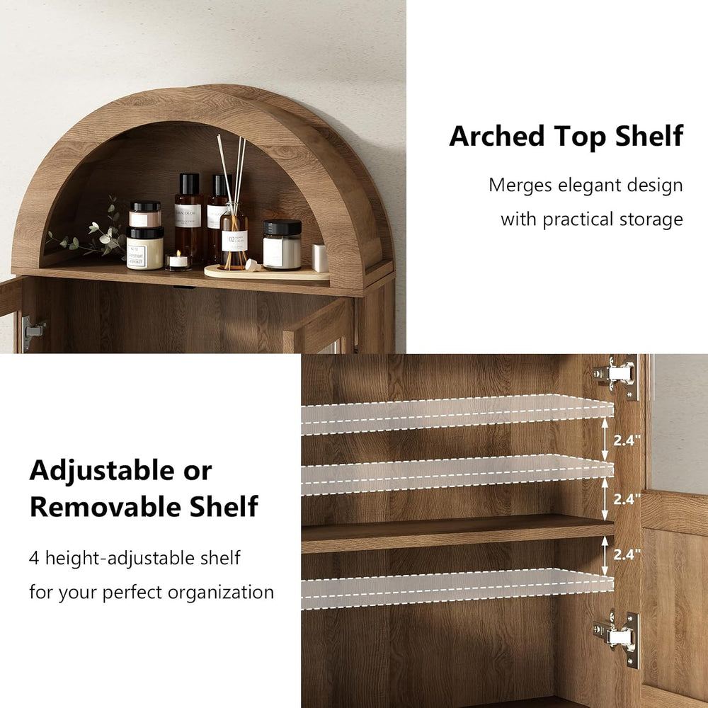 RUSTOWN Arched Bathroom Wall Cabinet with 2 Glass & Rattan Doors