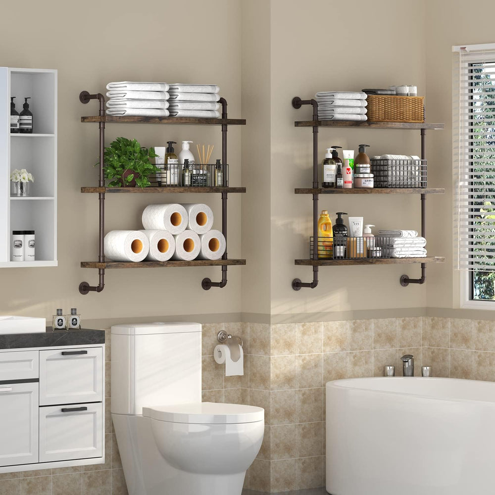 Industrial Pipe Shelf Wall Mounted, Rustic Wood Floating Shelves, 3 Tier Wall...