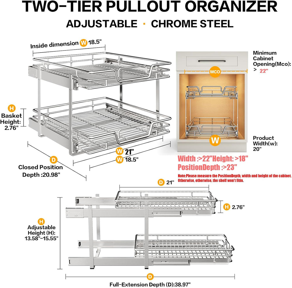 2-Tier Kitchen Cabinet Pull Out Shelf and Drawer Organizer Slide Out Pantry S...