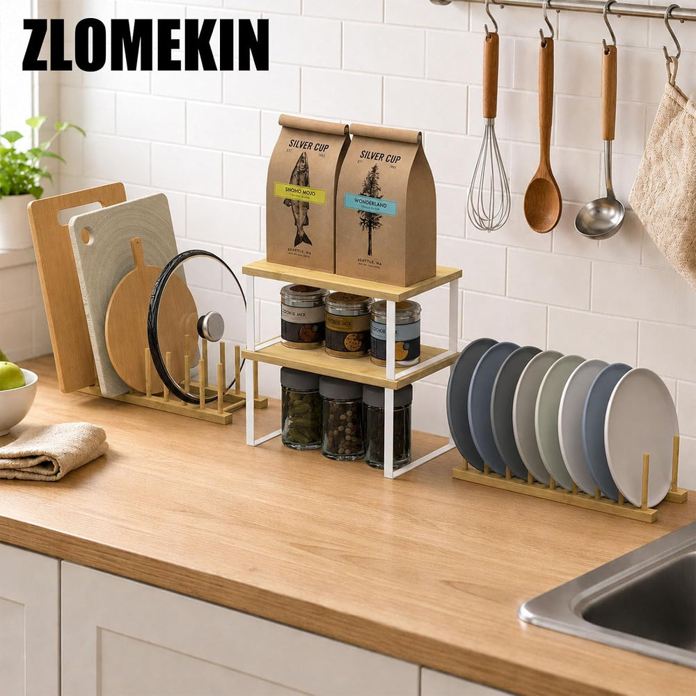 4 Pcs Stackable Dish Rack Set, 2 Shelves & 2 Drying Racks, Natural Wood K...
