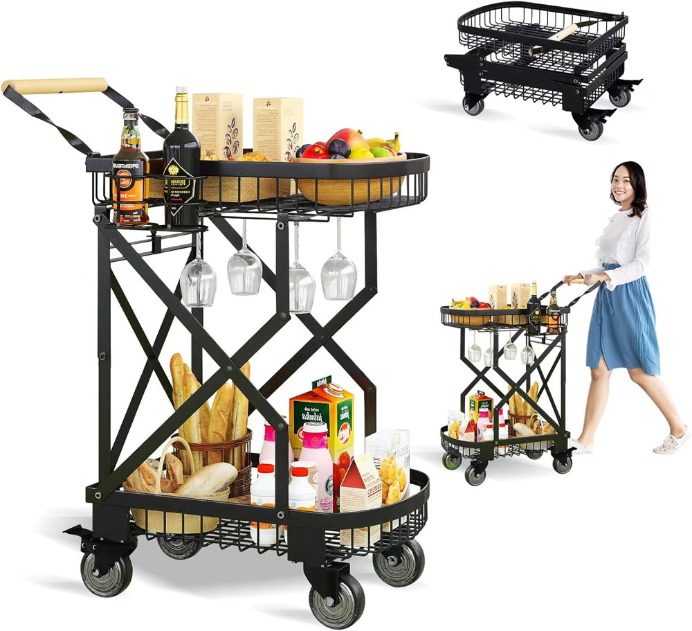 2-Tier Foldable Shopping Cart with Wheels for Groceries, Grocery Store Cart w...