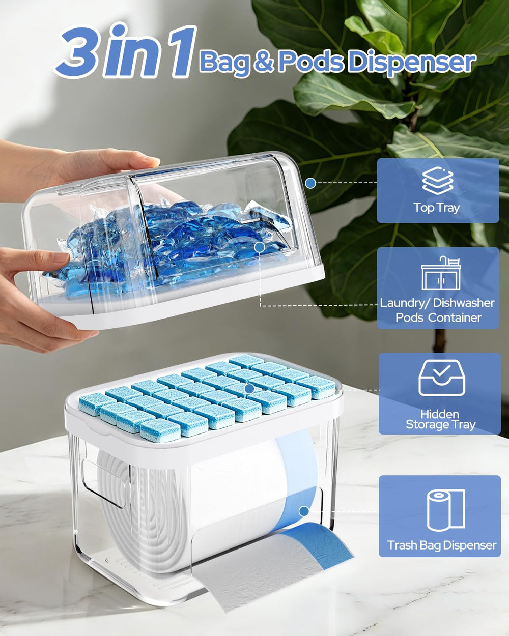 Trash Bag Dispenser & Dishwasher Pods Container, 3 in 1 Clear Acrylic Gar...