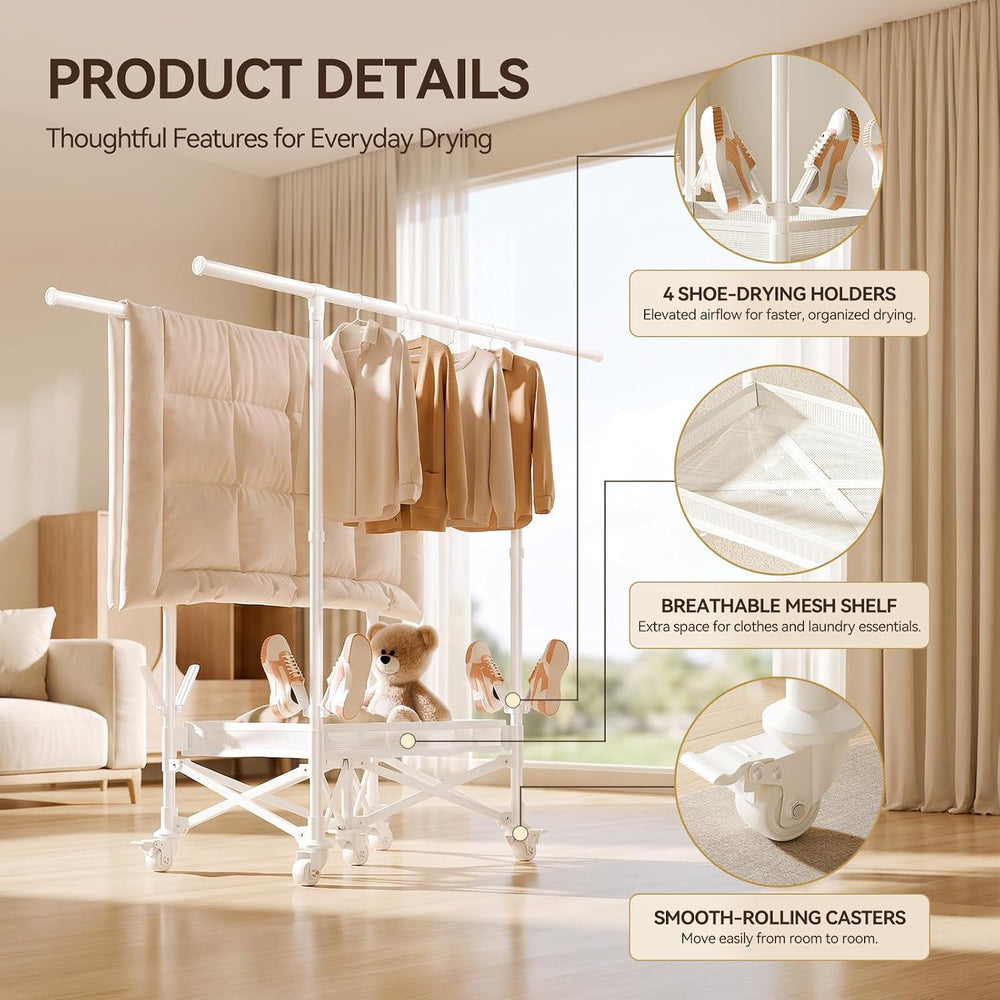 SUJI Foldable Clothes Drying Rack with Wheels & Shoe Rack, White