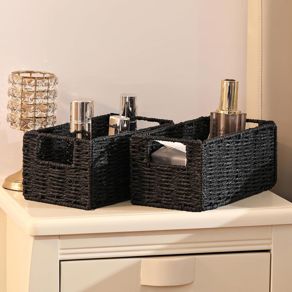 Wicker Storage Basket, Set of 2 Black Wicker Baskets for Bathroom