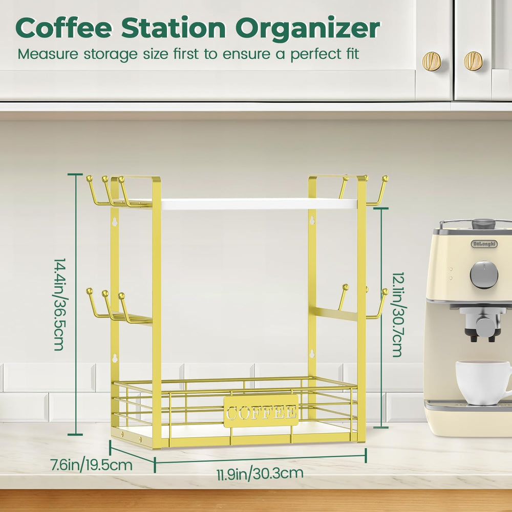 Coffee Mug Cup Holder Tree Bar Station Organizer, 2 Tier Gold