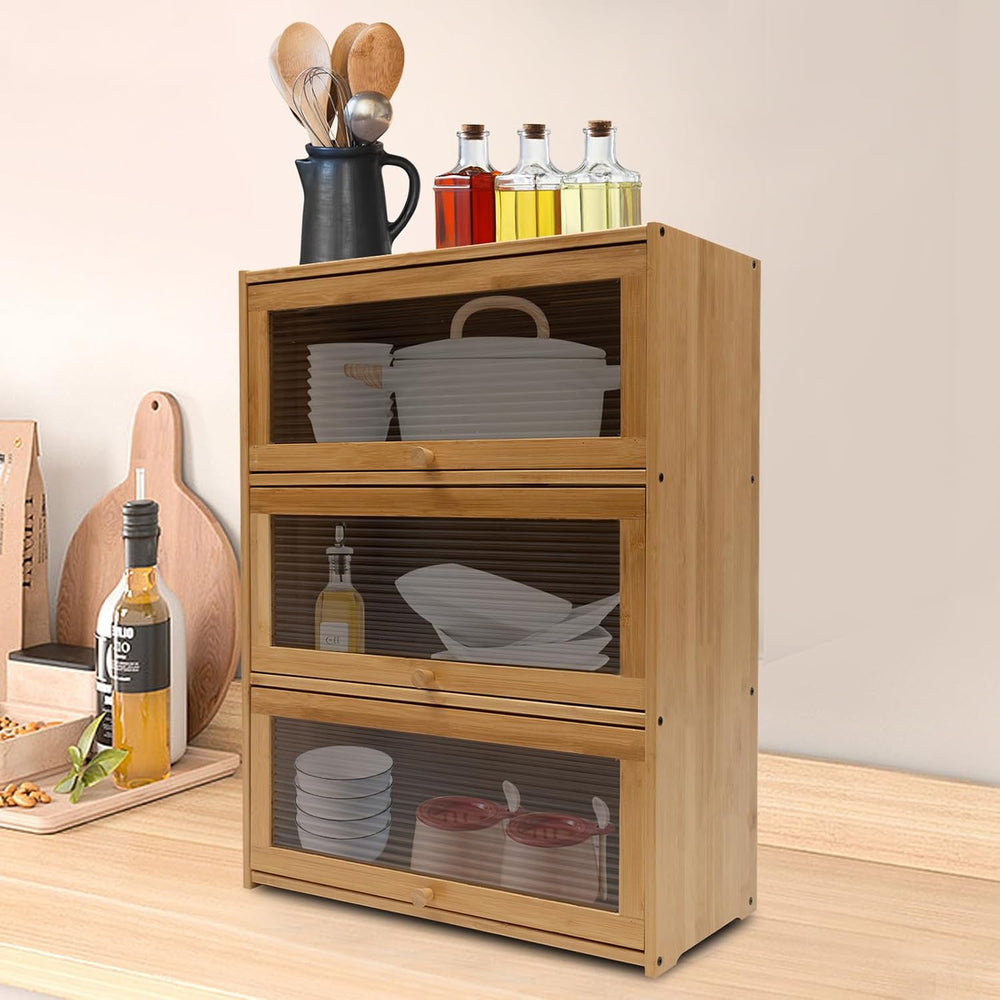 Bamboo Storage Cabinet Kitchen Pantry Sideboard with Acrylic Door Corner Brea...