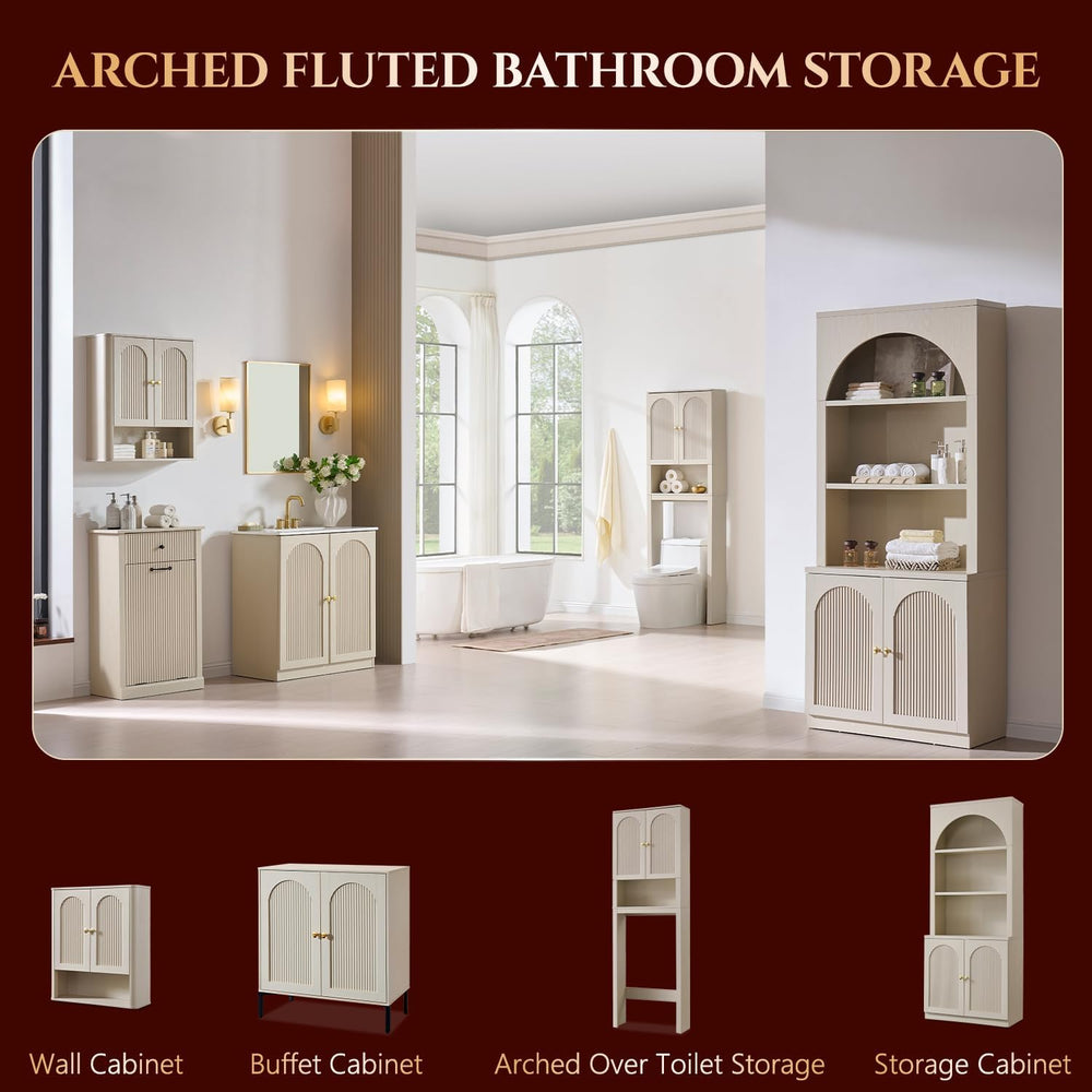 Bathroom Fluted Arched Wall Cabinet, 23.6''W Wood Medicine Cabinet, C...