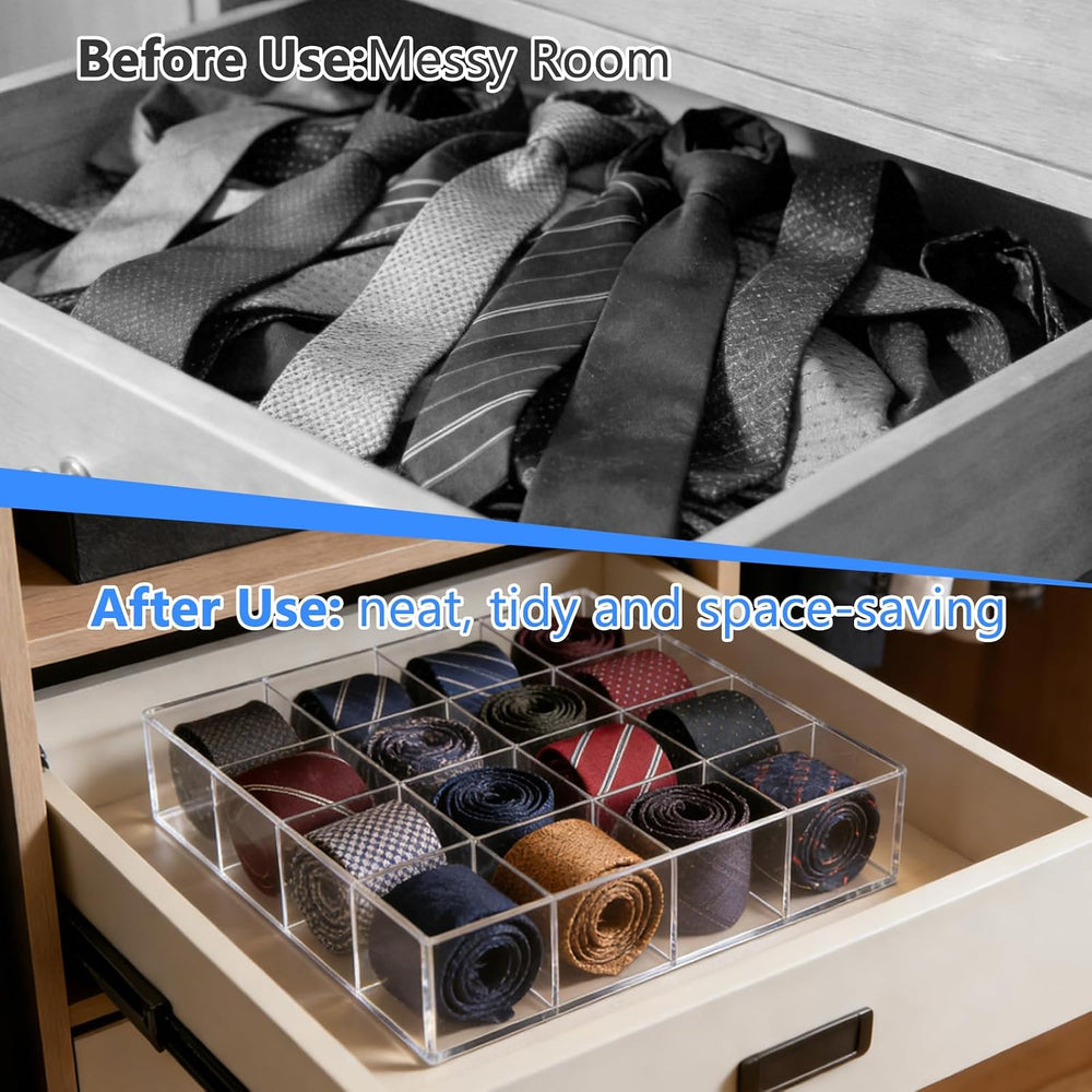 2 Pack Tie Box Organizer Wall Mounted Tie Rack Clear Acrylic with 16 Compartm...