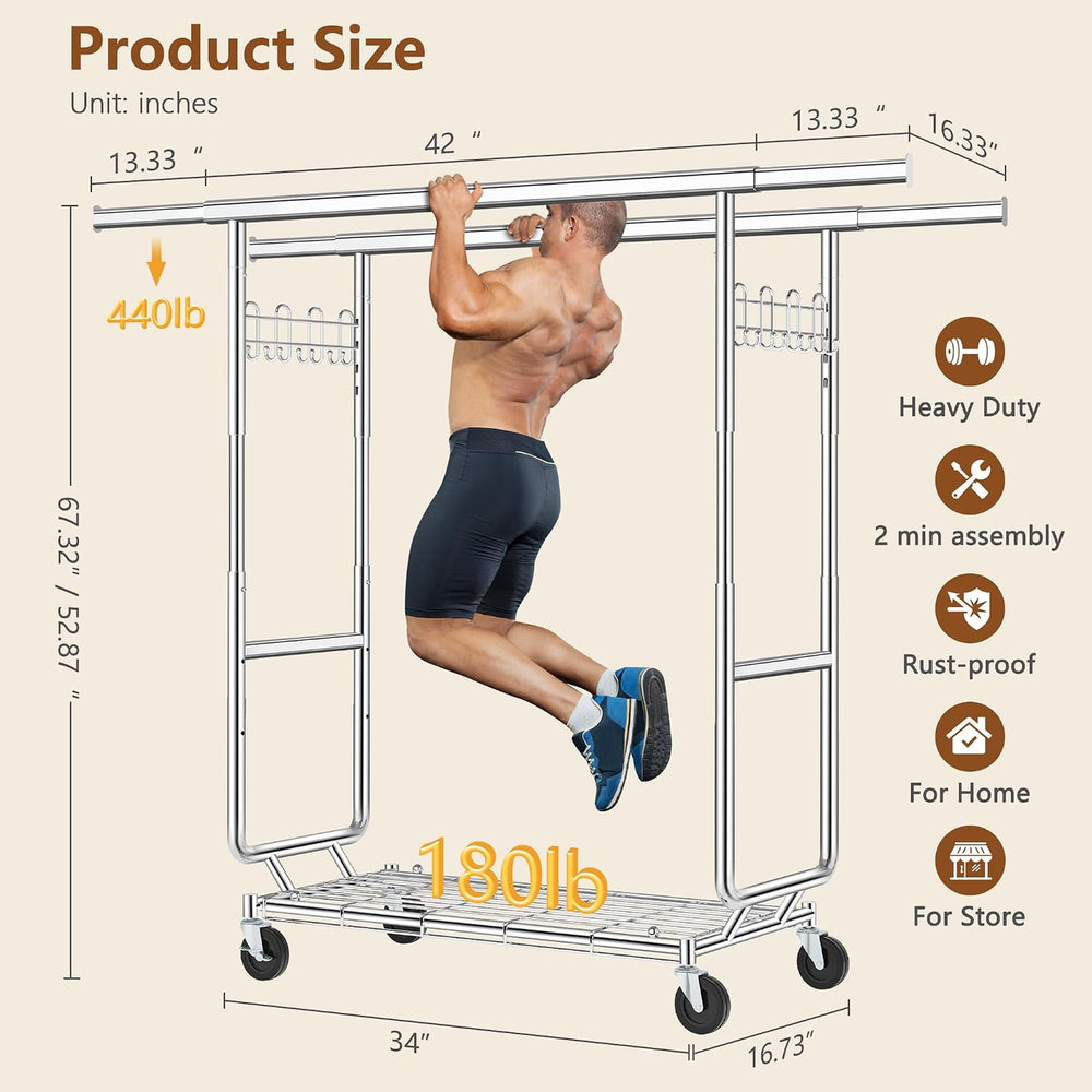 Hoctieon 2-Minute Assembly Double Rod Clothes Rack, Heavy Duty Rolling Clothi...