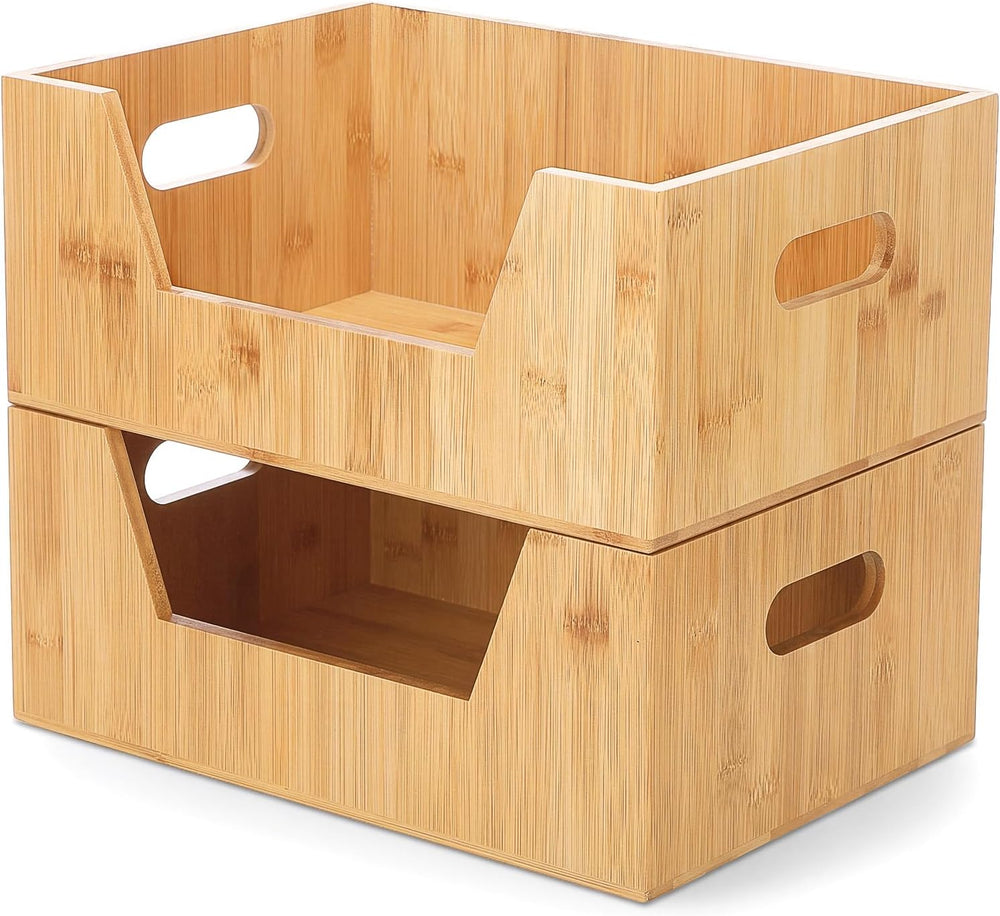 2 Pcs Stackable Bamboo Pantry Storage Bins for Kitchen Storage
