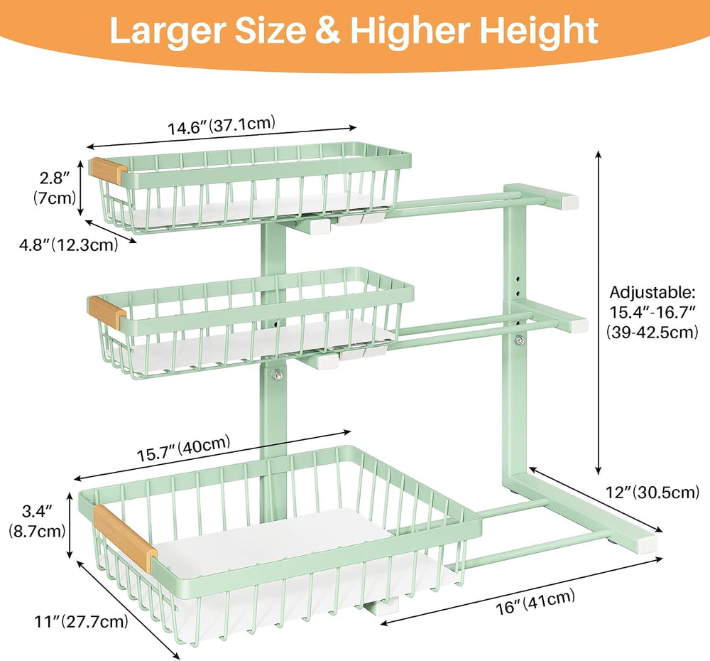 PXRACK Under Sink Organizer, 2-Pack 3-Tier Height Adjustable Thickened Metal ...