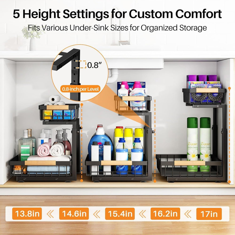 PXRACK Under Sink Organizer, Adjustable Height, 2 Tier Pull Out Under Cabinet...