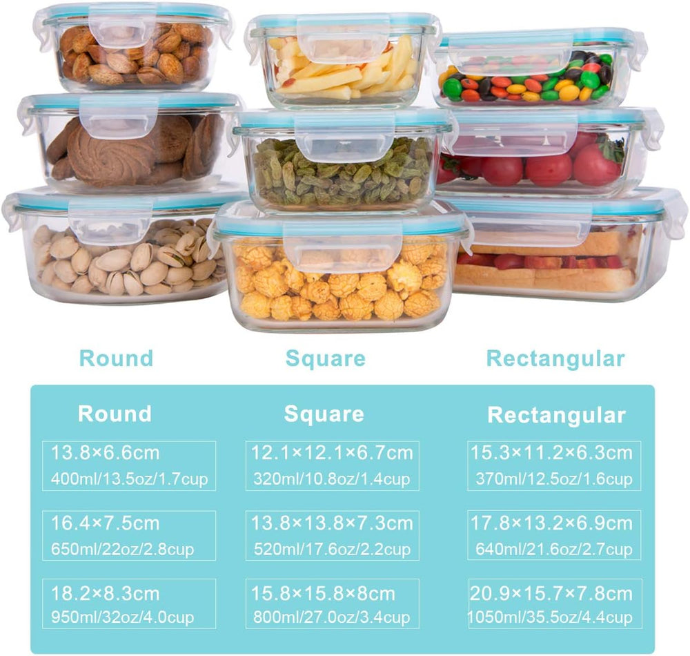 AILTEC Glass Food Storage Containers with Lids 9 Pack, 3 Shape Airtight Set