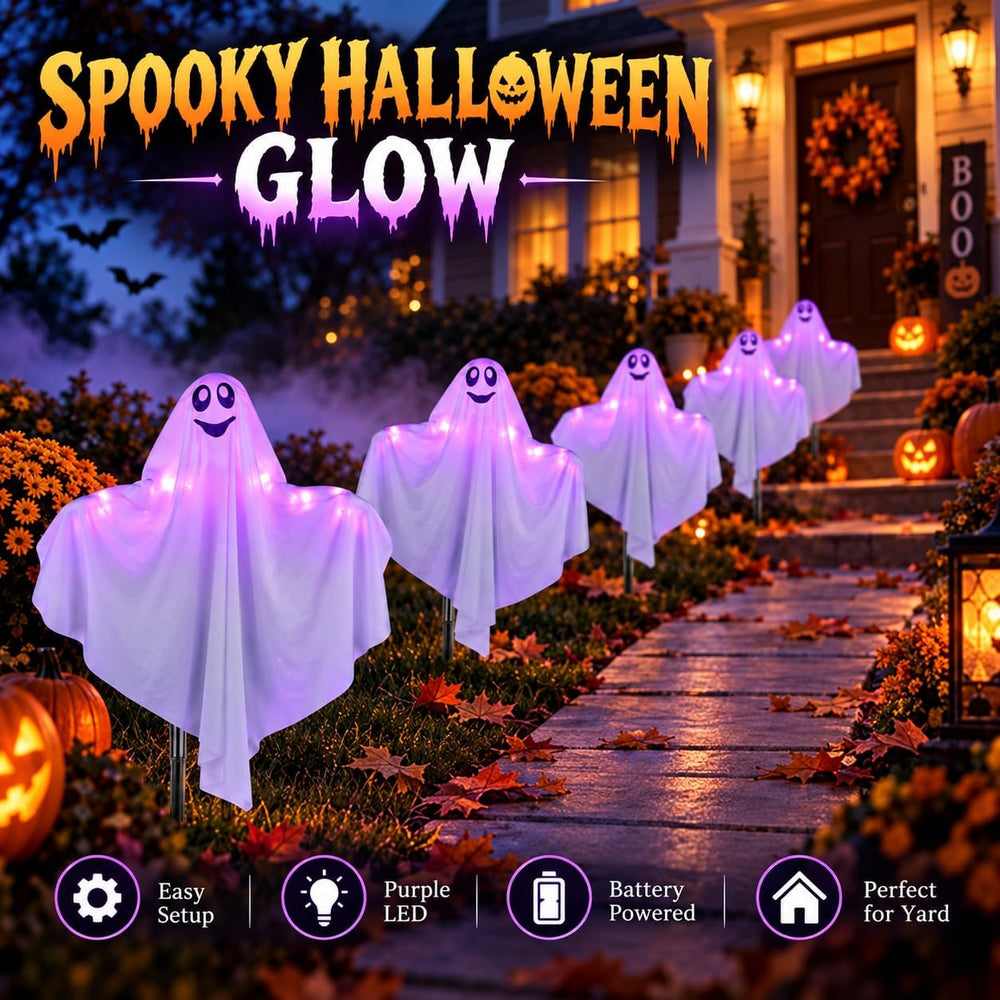 5 Pack Halloween Decorations Outdoor Lighted Ghost Stakes, Spooky Glowing Pur...