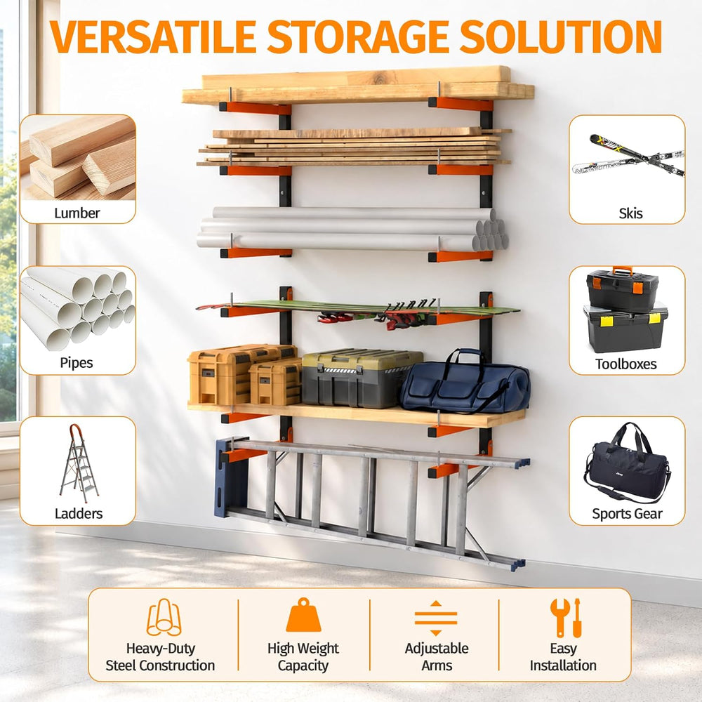 2 Pack Lumber Storage Rack Wall Mount, 660LBS Heavy Duty Wood Rack- Orange