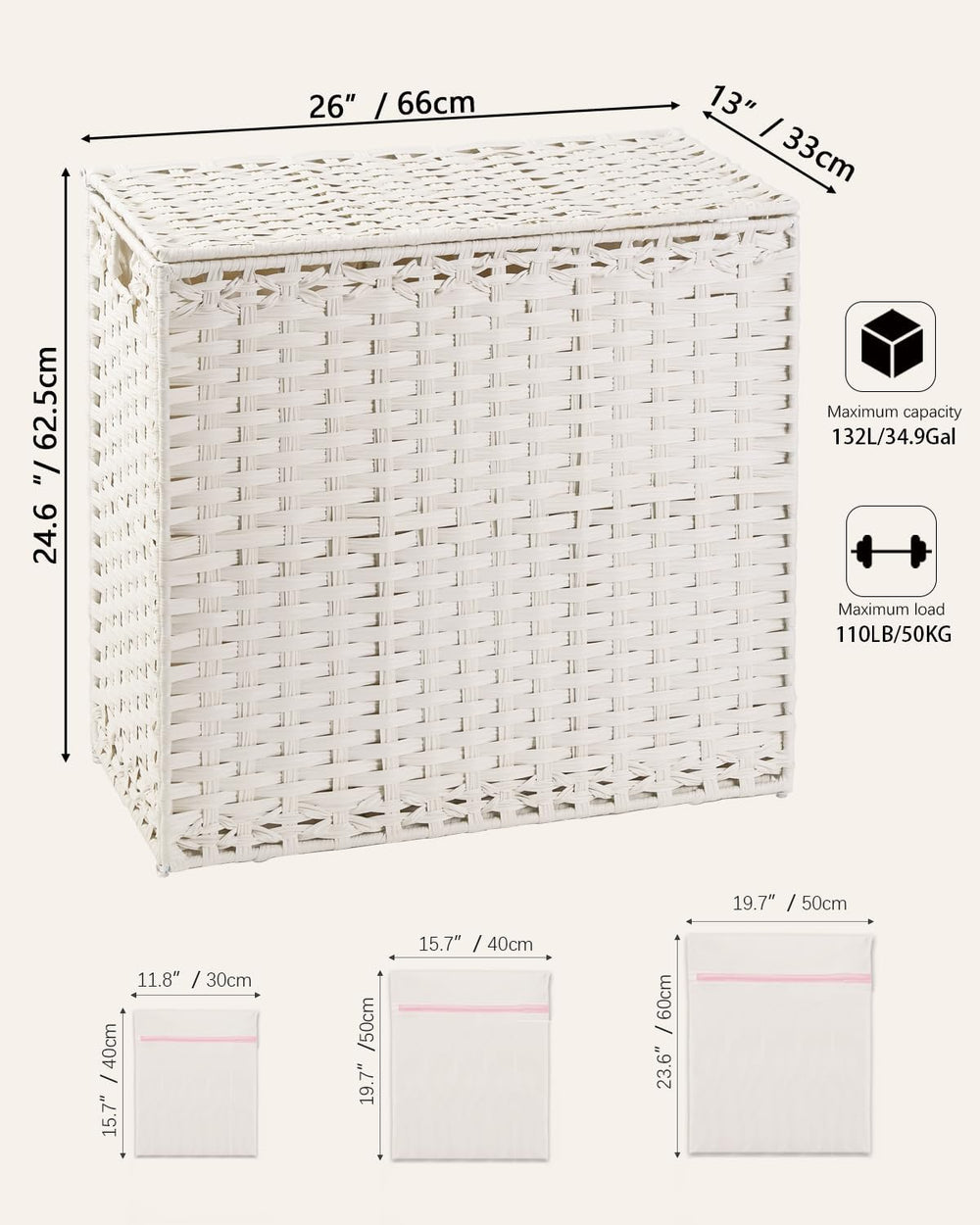 SETVSON Laundry Hamper with Lid Laundry Basket 132 L PE Rattan, White