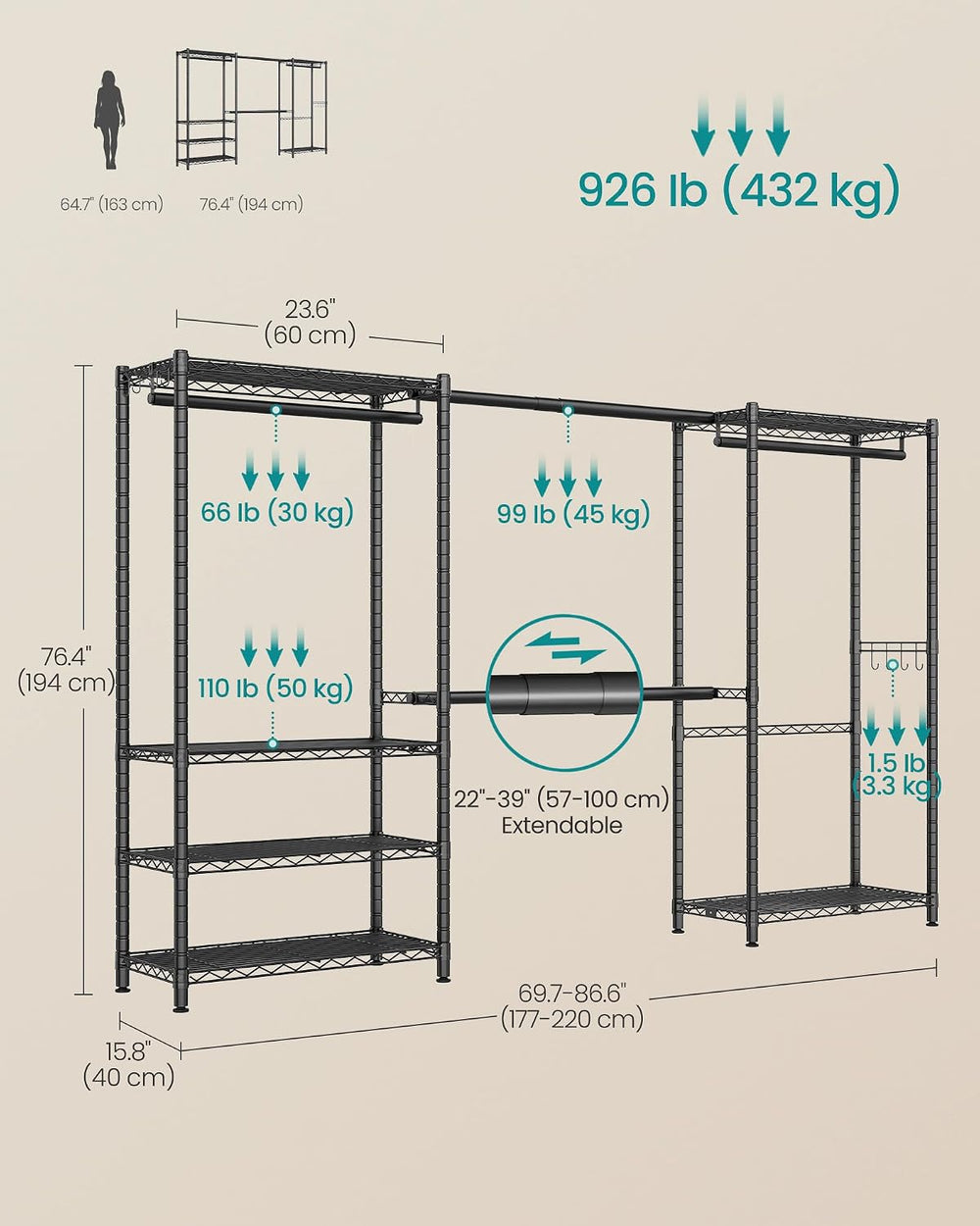 SONGMICS clothes rack, Adjustable Mesh Shelves and Hanging Rails