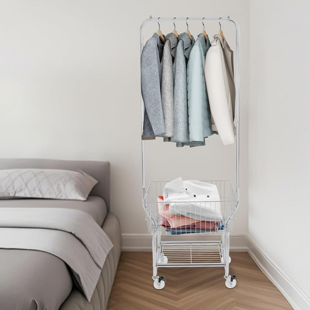 Laundry Cart with Hanging Rack, Metal Garment Organizer with Basket and Shelv...