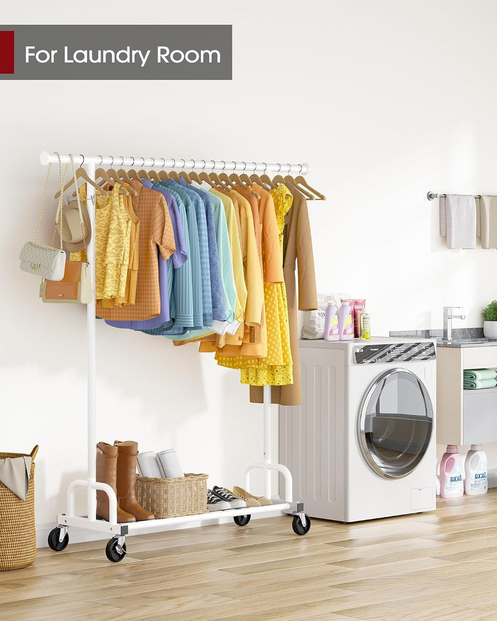 Rolling Clothes Rack with Shoe Shelf, 45.6" x 16.9" x 59", White