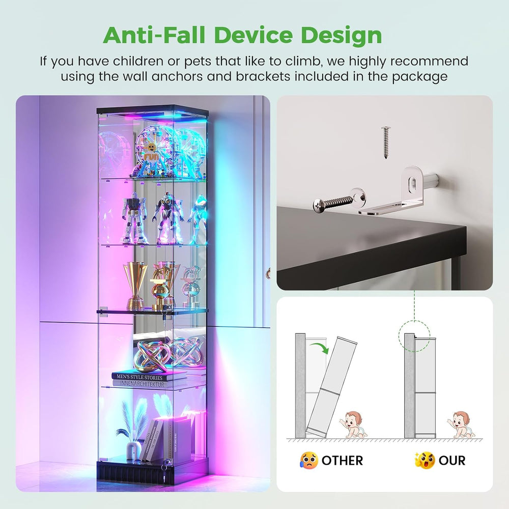 HNEBC Lighted Glass Display Cabinet with Doors for Collectibles,Black