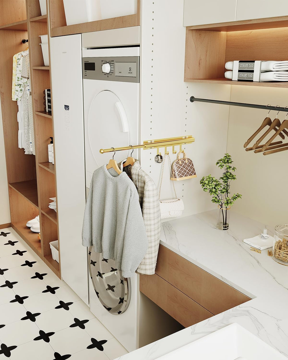 Valet Rod for Closets Pull Out 12" Gold with 4 Hooks (2Pack)