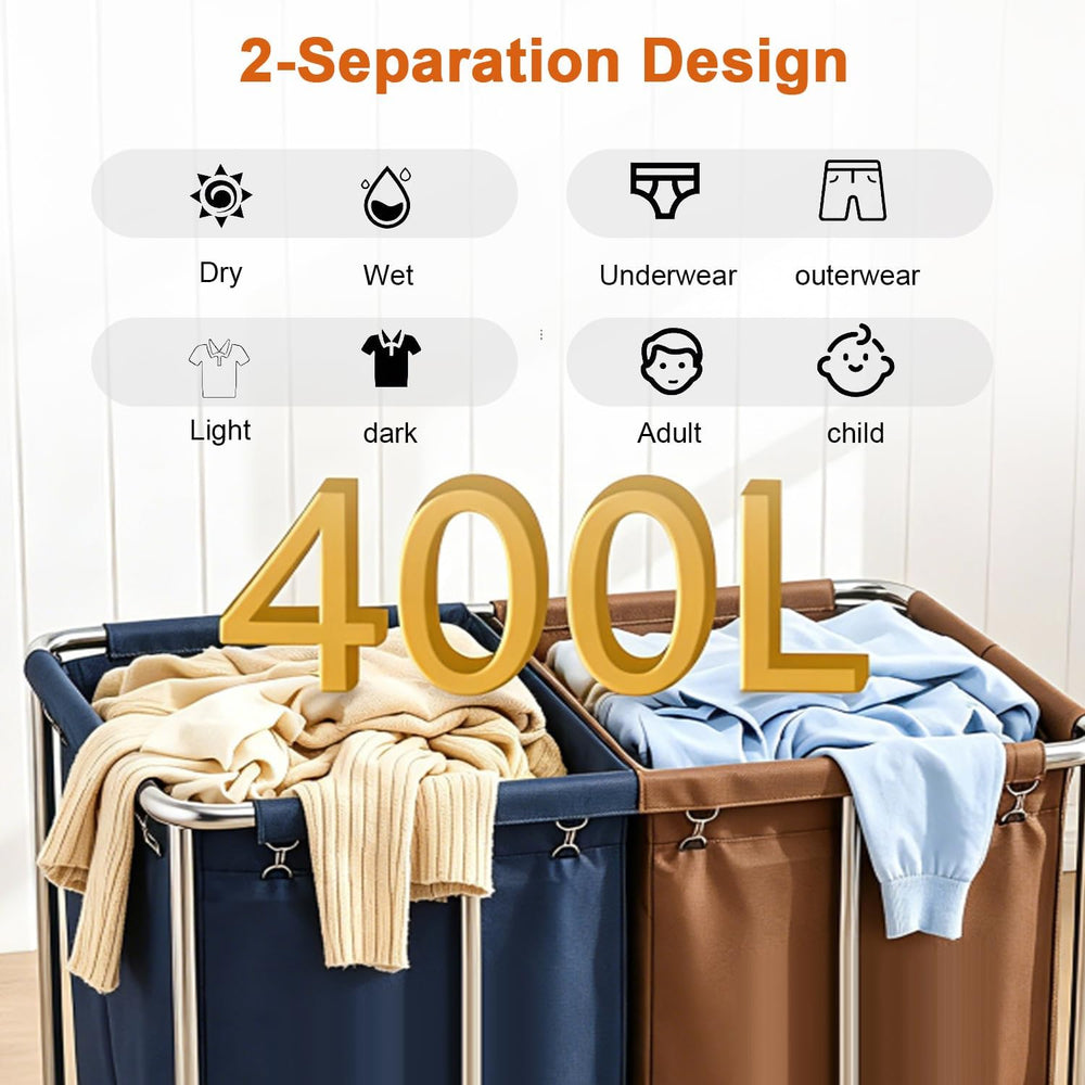 Commercial Laundry Cart with Wheels, 400L 2-Section Industrial Rolling Laundr...
