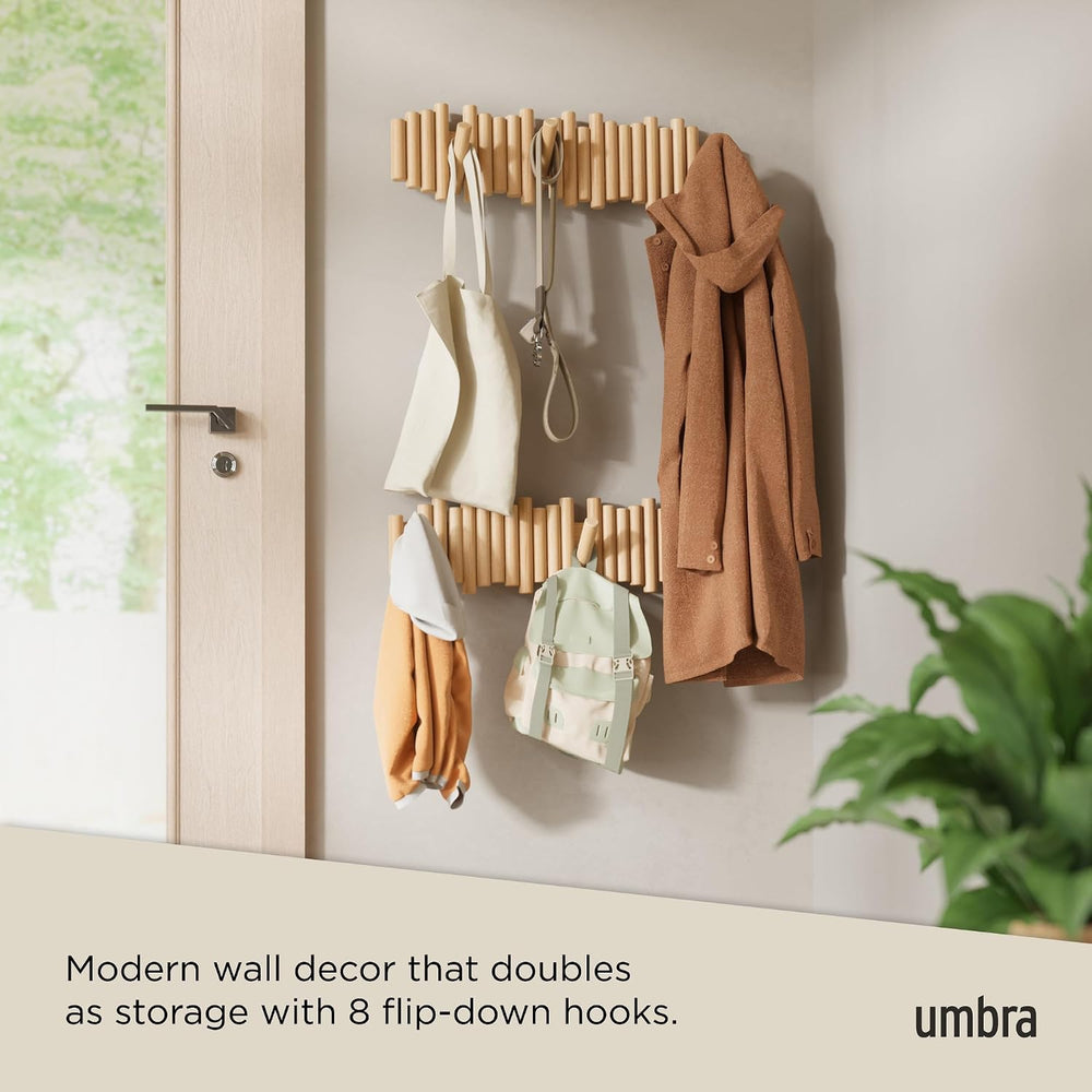 Umbra Picket Coat Rack with 8 Hooks – Natural Wall-Mounted Coat Rack with Fli...