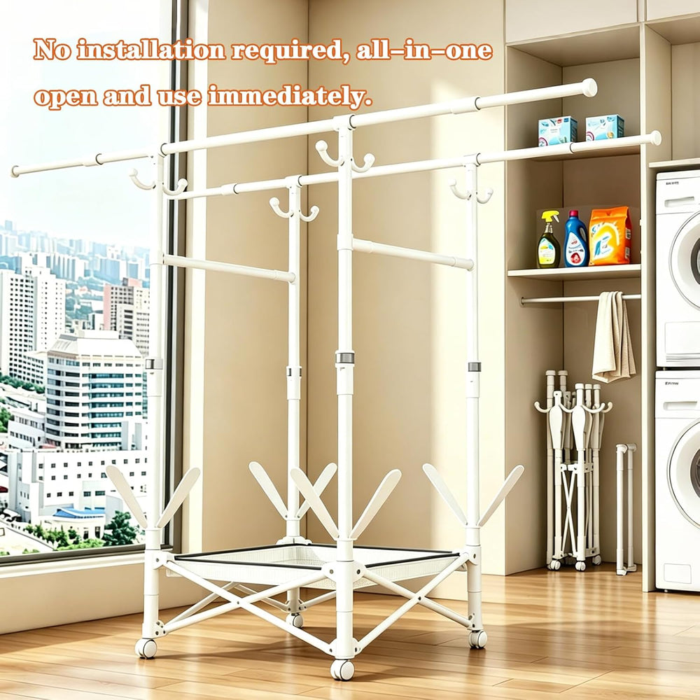 Foldable Collapsible Rolling Clothes Drying Rack,Adjustable Double Rods Laund...