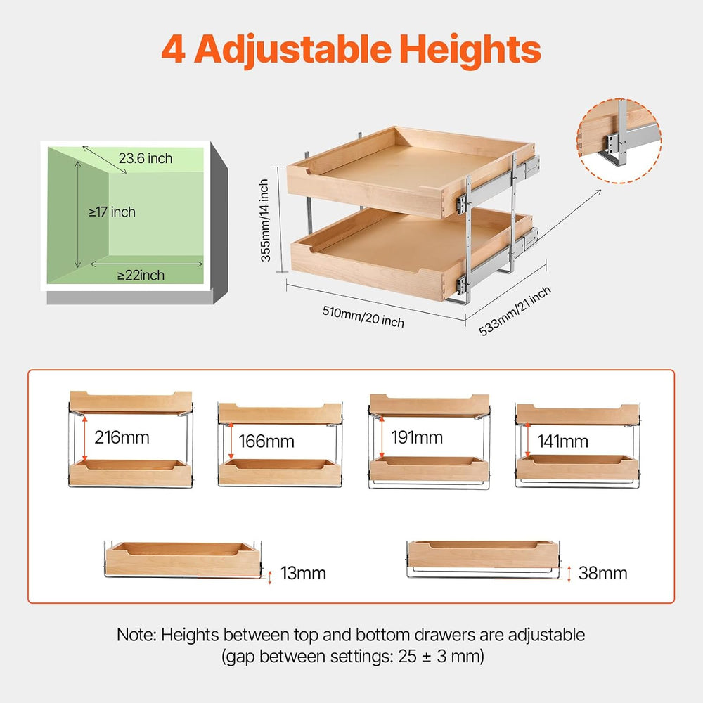 VEVOR 2 Tier Pull Out Cabinet Organizer, 20" W x 21" D Cabinet Draw...