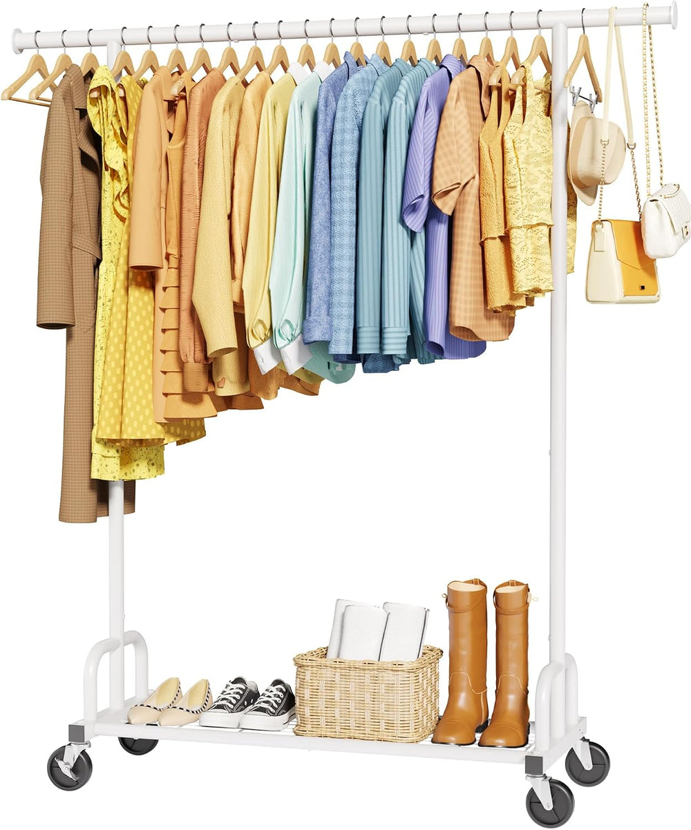 Rolling Clothes Rack with Shoe Shelf, 45.6" x 16.9" x 59", White