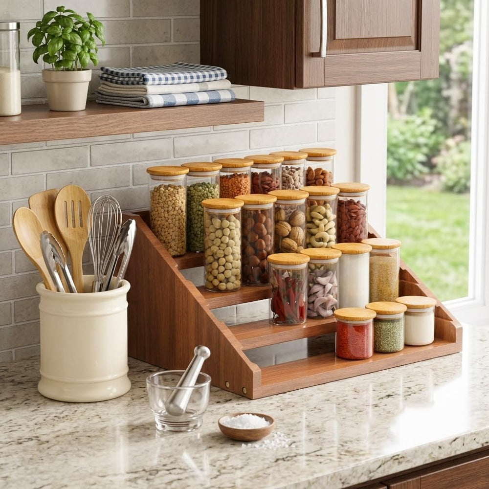 Solid Wood Spice Rack Organizer for Countertop & Cabinet, 4 Tier Adjustab...