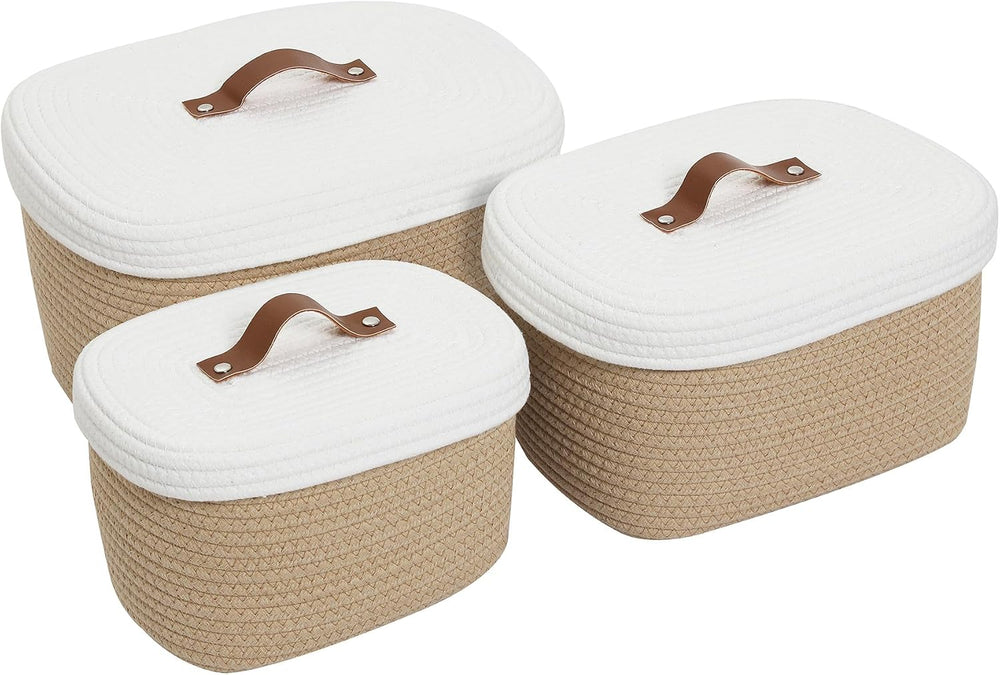 Cottonphant Set of 3 Nesting Cotton Rope Baskets with Lids, Decorative Woven ...