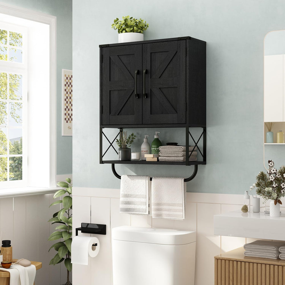 RUSTOWN Farmhouse Medicine Cabinet with 2 Barn Door & Towel Bar Rack