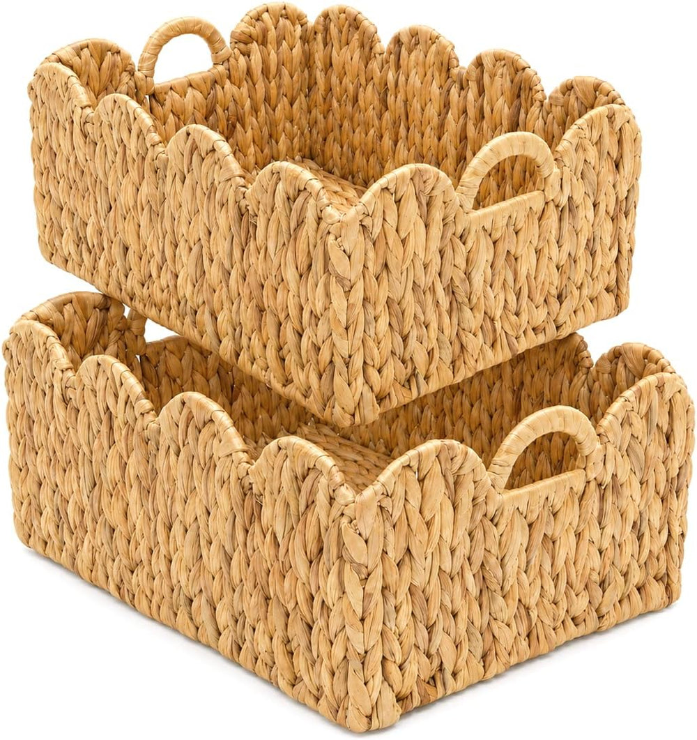 Scalloped Wicker Storage Baskets for Shelves Organize with Handles, 2-Pack