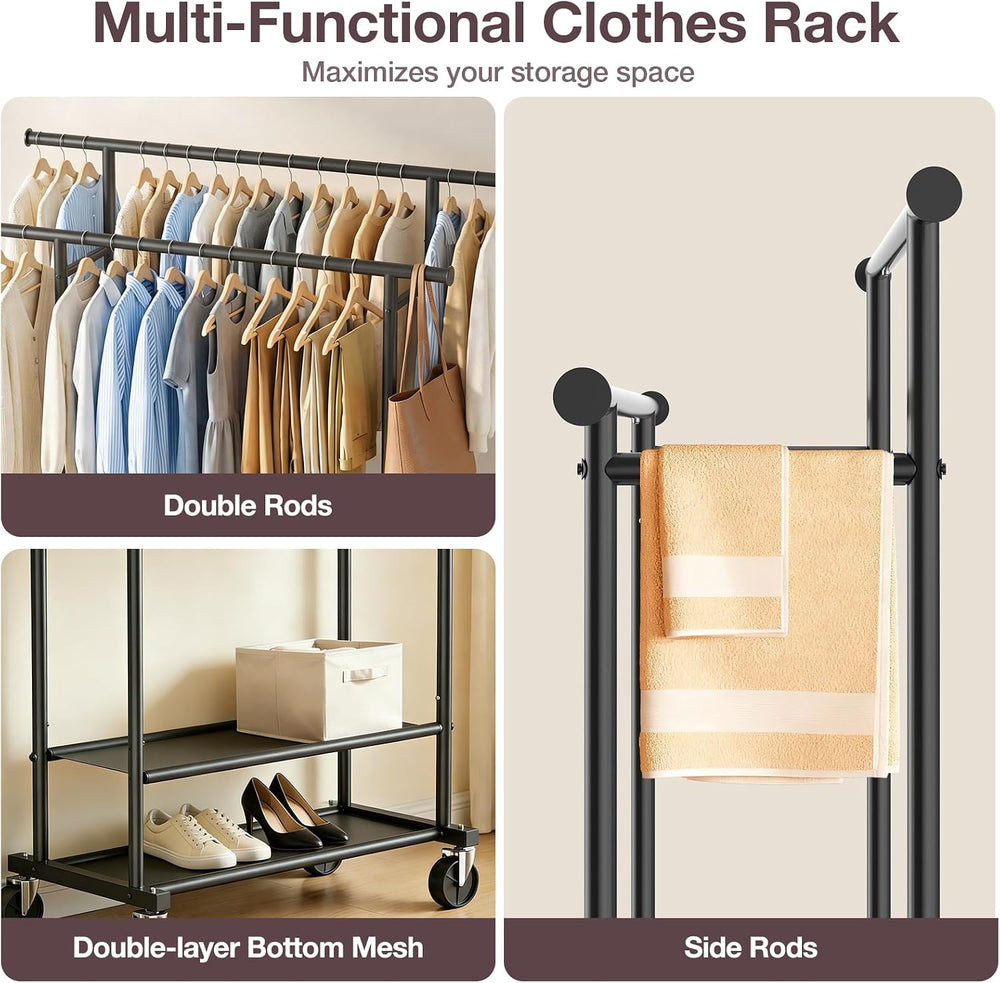 Portable Clothes Rack Rolling Garment Rack with Wheels 26OLBS Black