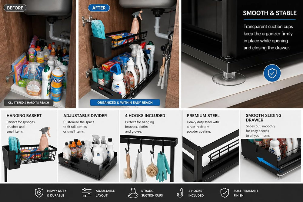 2-Tier Under Sink Organizer, Pull-Out Sliding Drawer, Heavy Duty Metal Storag...