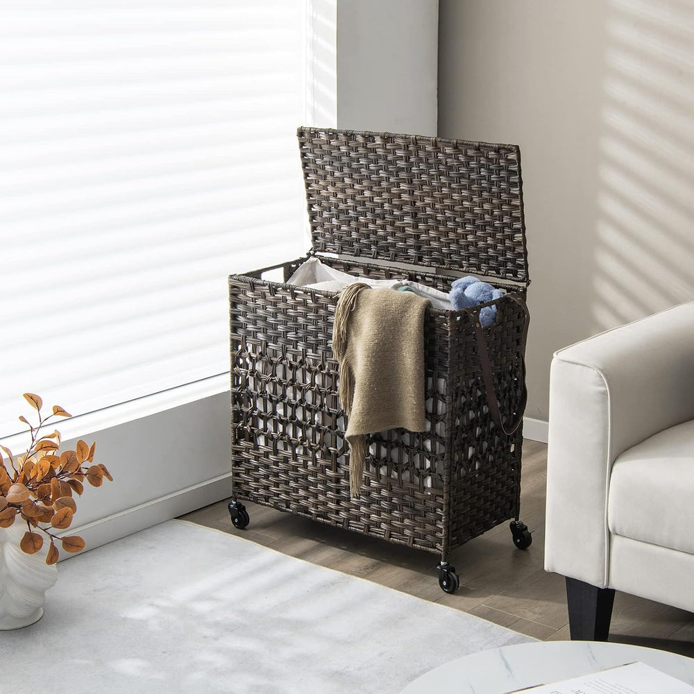 GOFLAME Laundry Hamper with Lid and Wheels, 110L Folding Synthetic Rattan Clo...