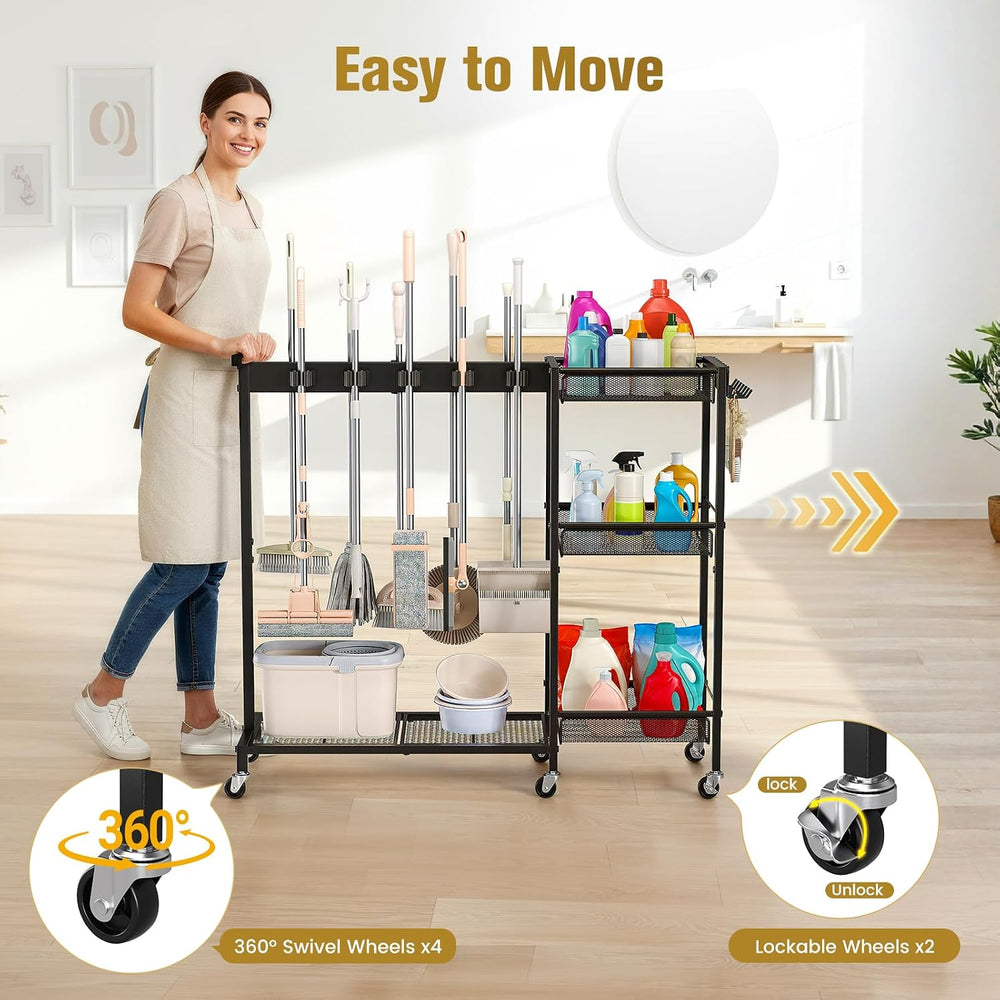 Broom Holder with Cleaning Supplies Organizer, Cleaning Utility Cart on Wheel...