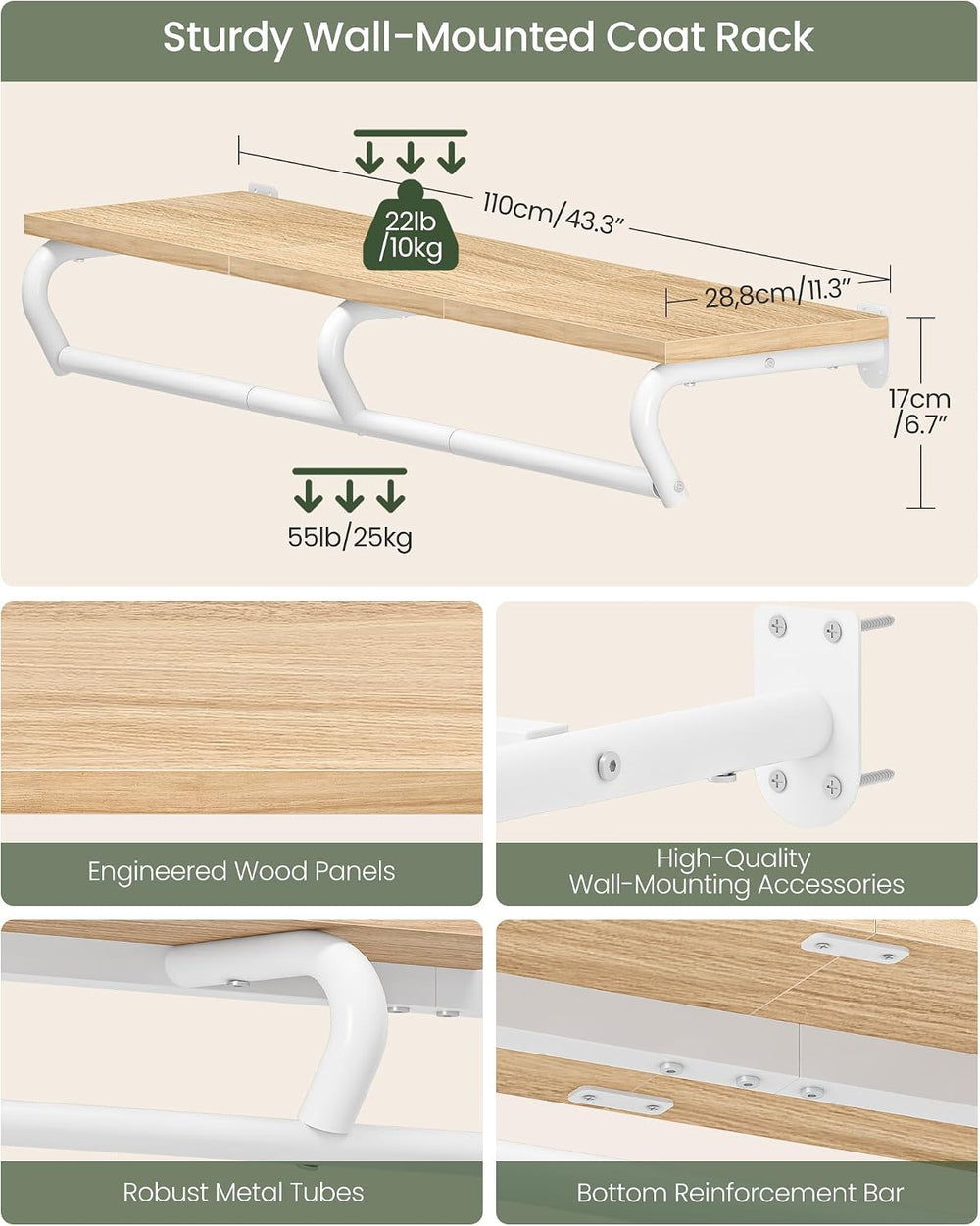 Wall Mounted Clothes Rack, Metal Garment Rack with Top Shelf, Laundry Storage...