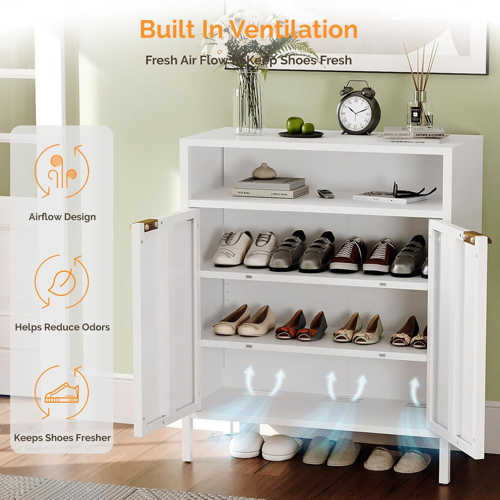 VINGLI Metal Shoe Cabinet, White Entryway Shoe Storage Cabinet with 2 Doors a...