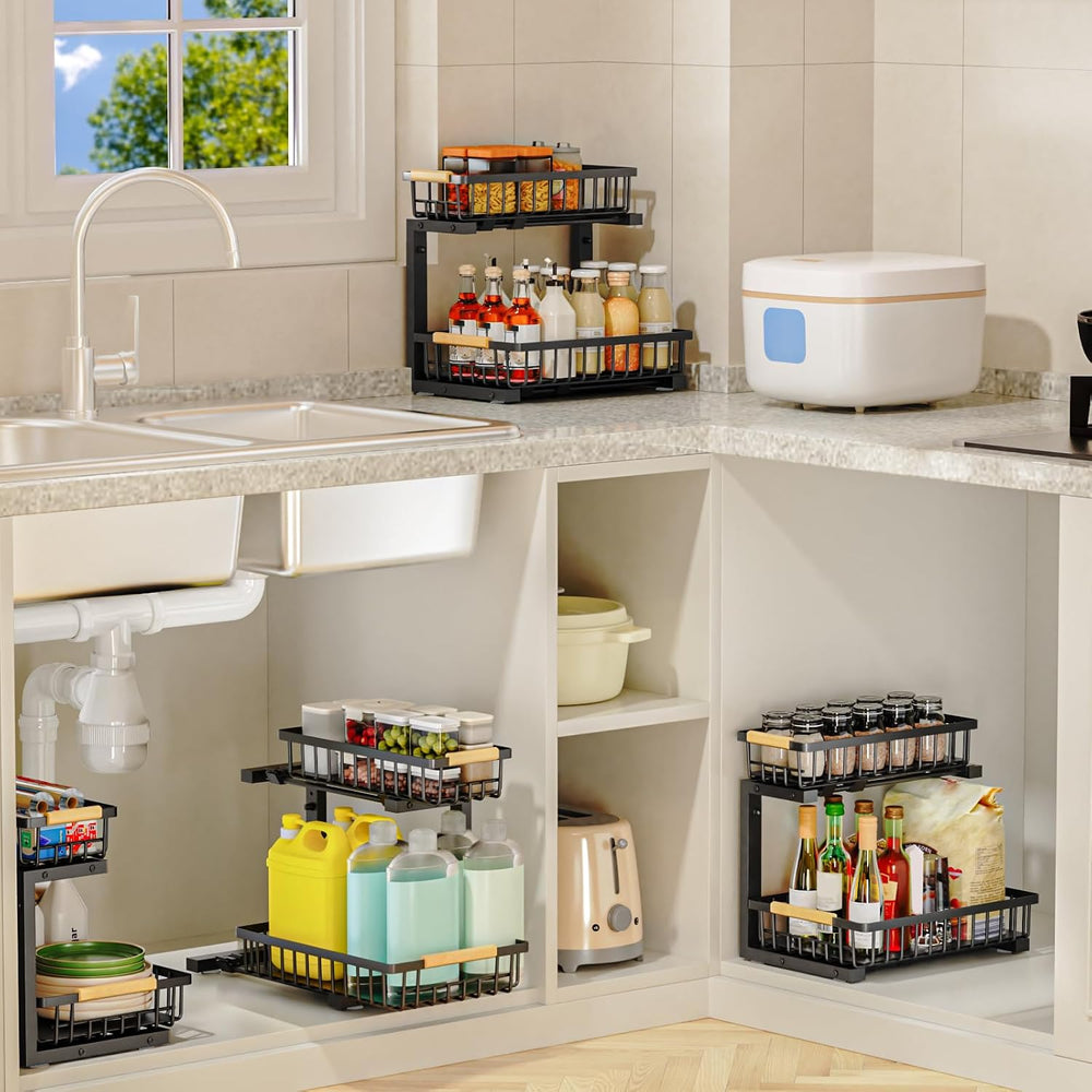2Pcs Under Sink Organizer, 2-Tier Pull Out Under Sink Organizers and Storage,...