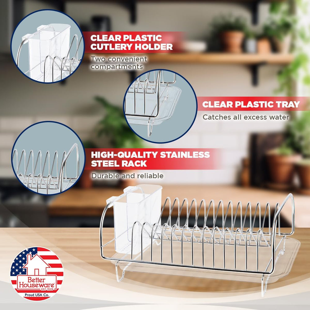 Better Houseware Stainless Steel Dish Drainer with Clear Plastic Tray and Cut...