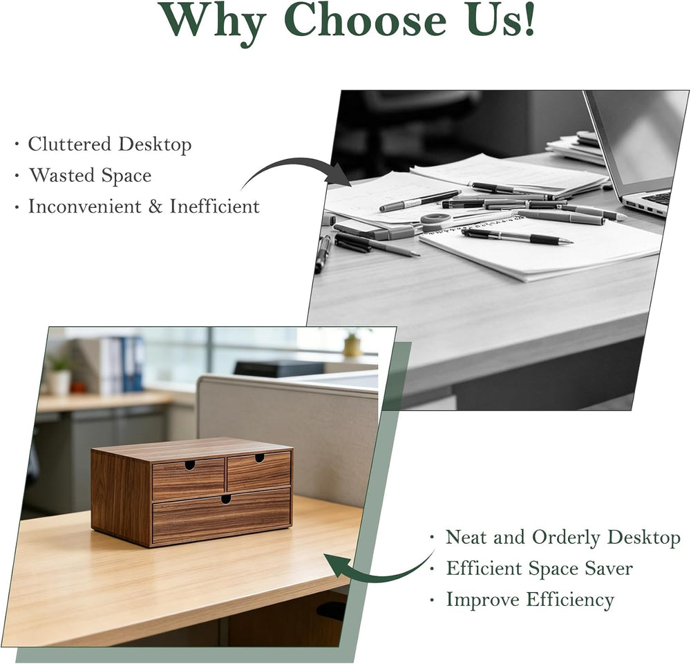 2-Tier Wooden Desk Organizer with 3 Drawers, Walnut Finish