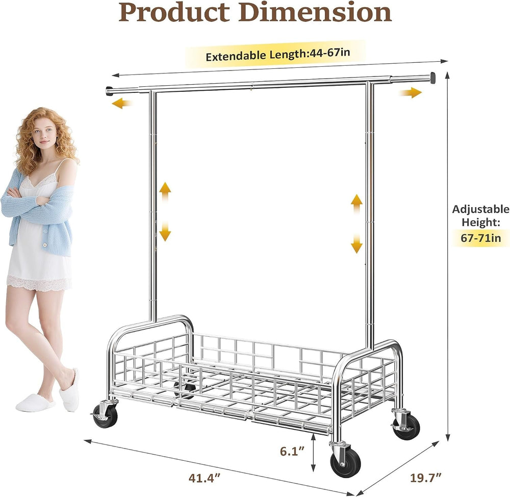 Raybee heavy duty clothes rack with wheels, 485LBS, Bottom Storage Basket