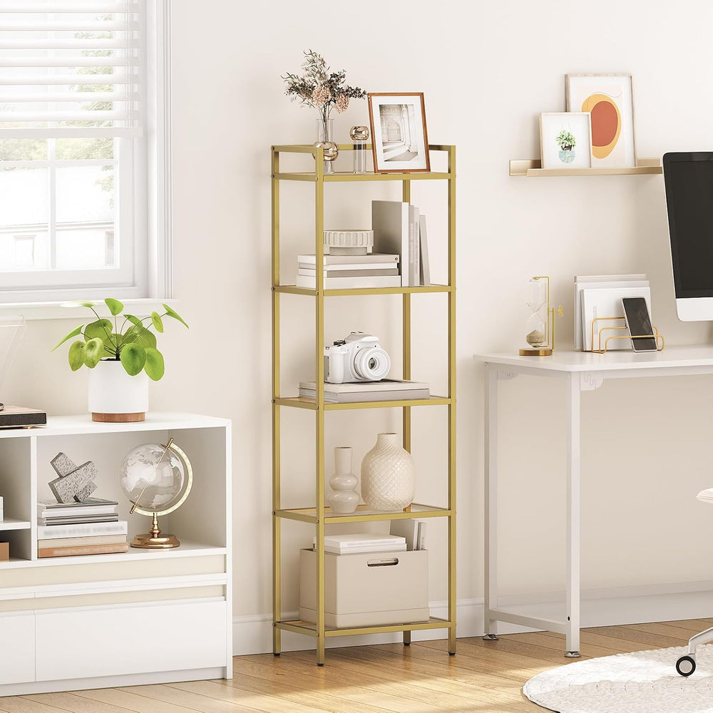 HOOBRO 5-Tier Gold Shelf, Narrow Book Shelf, Display Cabinet with Glass Bookc...