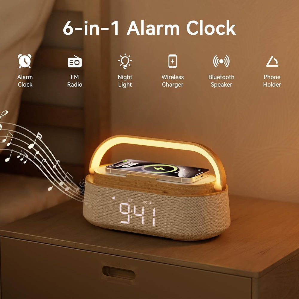 Alarm Clock Bedroom with Wireless Charger Bluetooth Speaker FM Radio Light